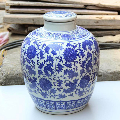 【景德镇青花陶瓷泡酒瓶 10斤釉下彩缠枝莲密封酒缸 十斤装白酒坛】价格,厂家,图片,陶瓷包装容器,景德镇金泰陶瓷-